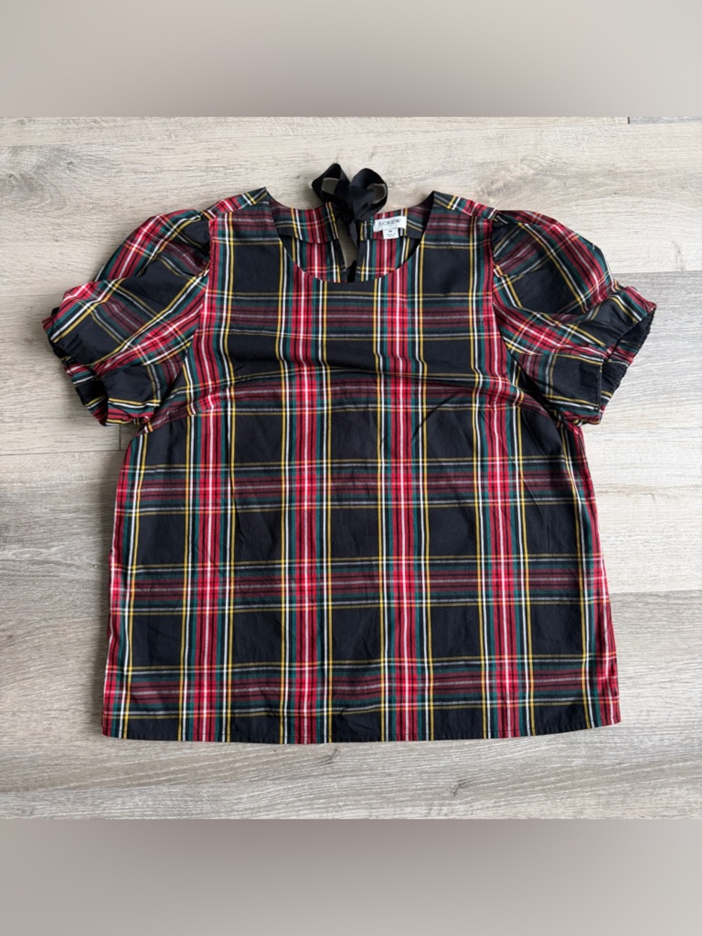 J Crew Black Red Plaid Puff Short Sleeve Top bow neck tie Women M